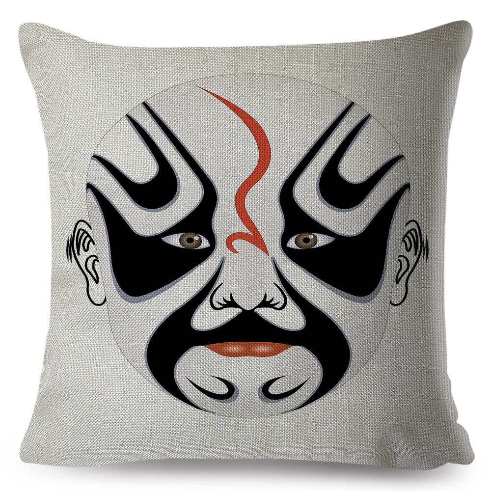 Chinese Opera Mask Pillow Xcm Original Artistic Illustration Vibrant Traditional Colors Woven Fabric Cover