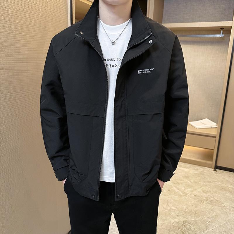 2025 Men's Casual Stand-up Collar Jacket - Spring/Autumn Korean Style, Solid Color, for Middle-aged and Young