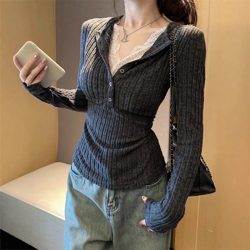 

Autumn Winter Lace Patchwork Knitting Pullover Top Women Long Sleeve Casual Fashion All-match Bottomed Sweater S серый