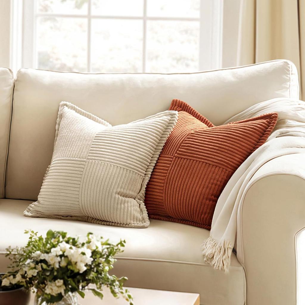 Herbst Rost Dekorative Kissenhülle für Sofa Bett Akzentkissenhülle Breitseitig Gestreift Patchwork Weiche Cord Kissenbezüge