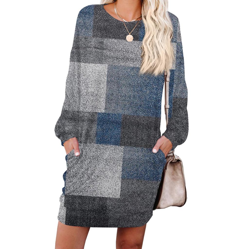 Damen Kariert Modisch Langärmlig Rundhals Taschenkleid