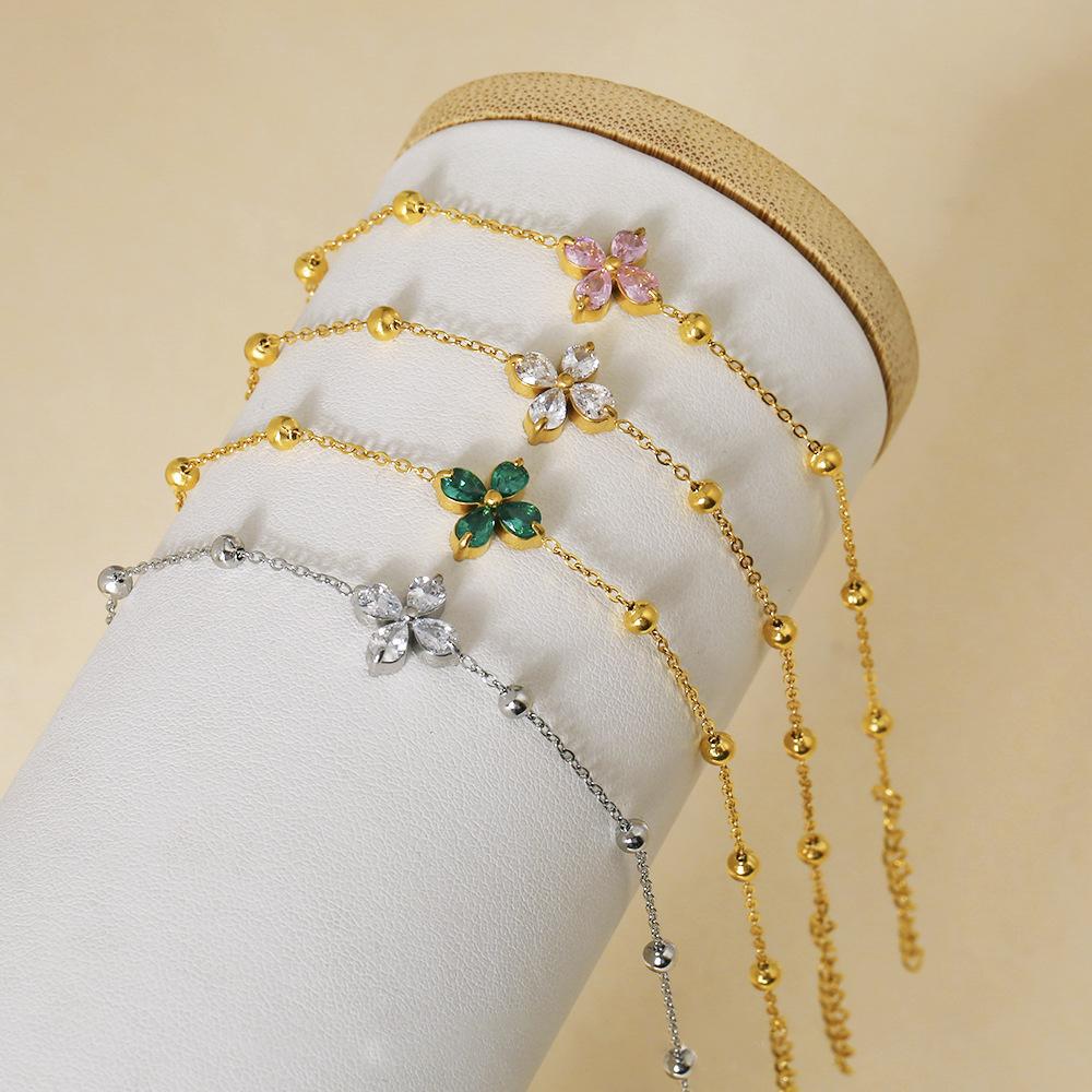 Zircon Stainless Steel Fashion Bracelet Adjustable 18K Gold Plated Colored Zircon Four-leaf Clover Flower Design Simple Bracelet