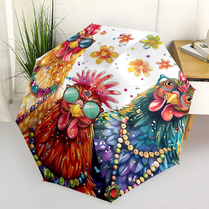 

1pc Colorful Chickens with Sunglasses Umbrella with Plastic Handle,Vibrant Cartoon Pattern,Multi-functional UmbrellaB2033