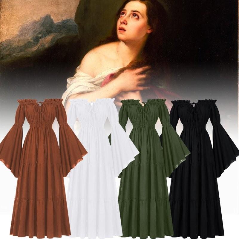 Bare Boat Neck Shoulder Ruffled Long Sleeves Renaissance Maxi Dress Cosplay Set