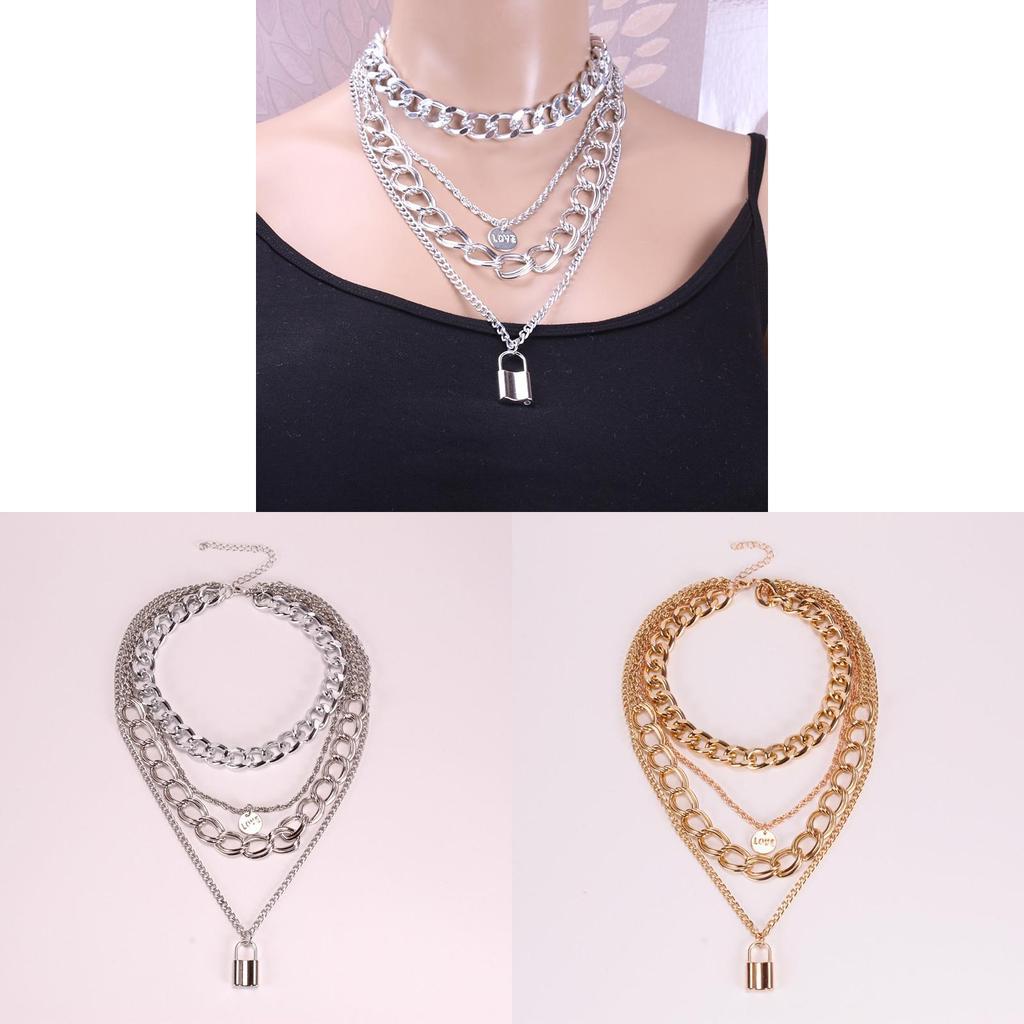 Geometric Multi Layer Alloy Necklace With Lock Pendant For Fashionable Women