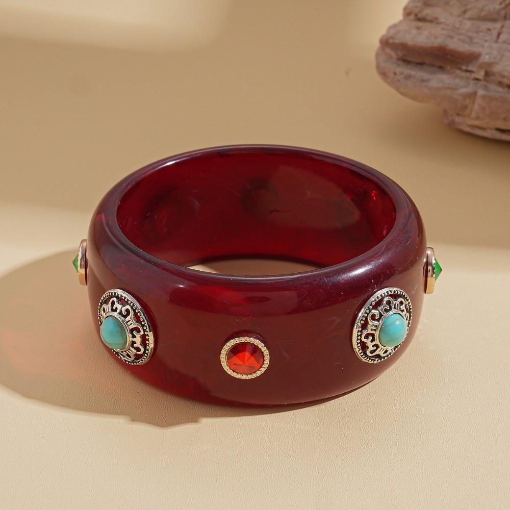 Turquoise Acrylic Rhinestone Bangle Wide Retro Hand Ring Turquoise Acrylic Bracelet Friend Gift