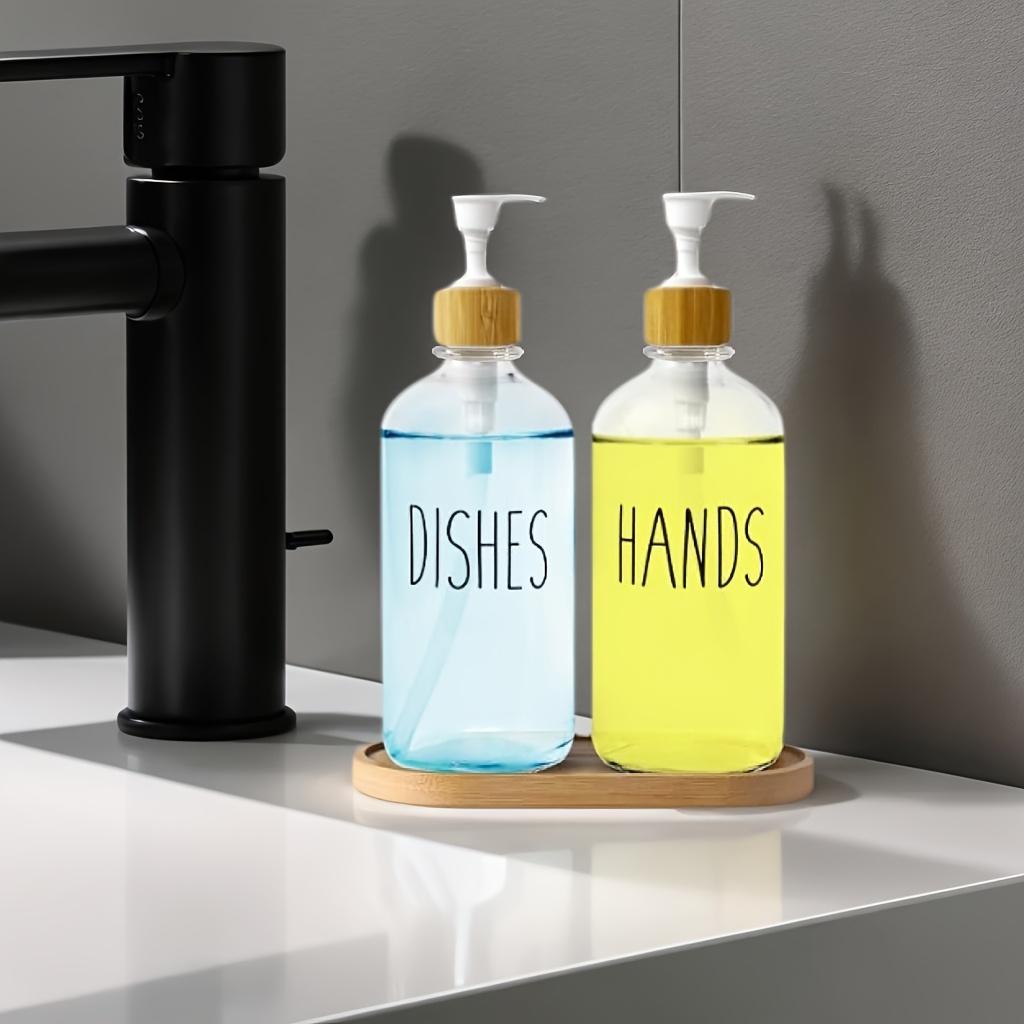 Soap Dispenser Bottle with Trays, Bamboo Lid Soap Bottle with Anti-Rust Pump, Hand Dish Soap Dispenser for Kitchen Shampoo