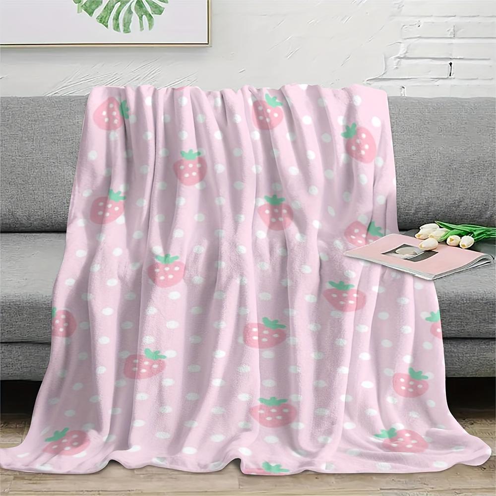 1Pc  Pink Strawberry Polka Dot Flannel Throw Blanket Soft Cozy Cute Kawaii Blanket For Bedroom Living Room Dorm Decor