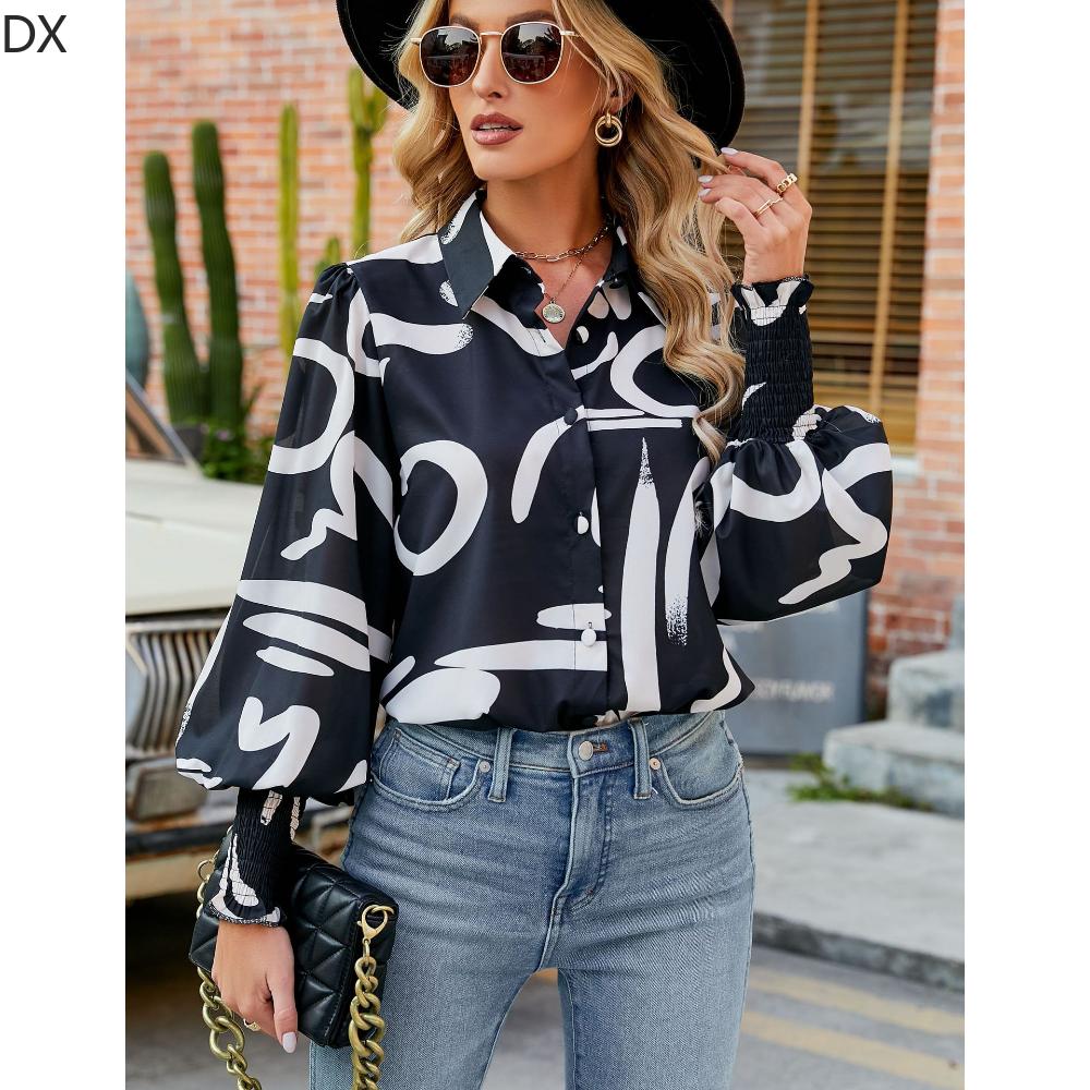 DX2018-8127 # - New Top Casual Print Bubble Shoulder Lantern Long Sleeve Shirt Women