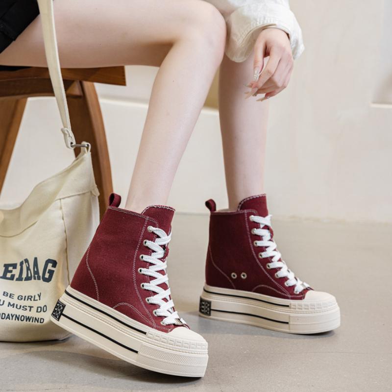 12CM Women's Canvas High Top Sneakers Casual Lace Up Sneakers For Woman Spring Autumn Shoes Winter Warm High Heels Sneaker Shoes