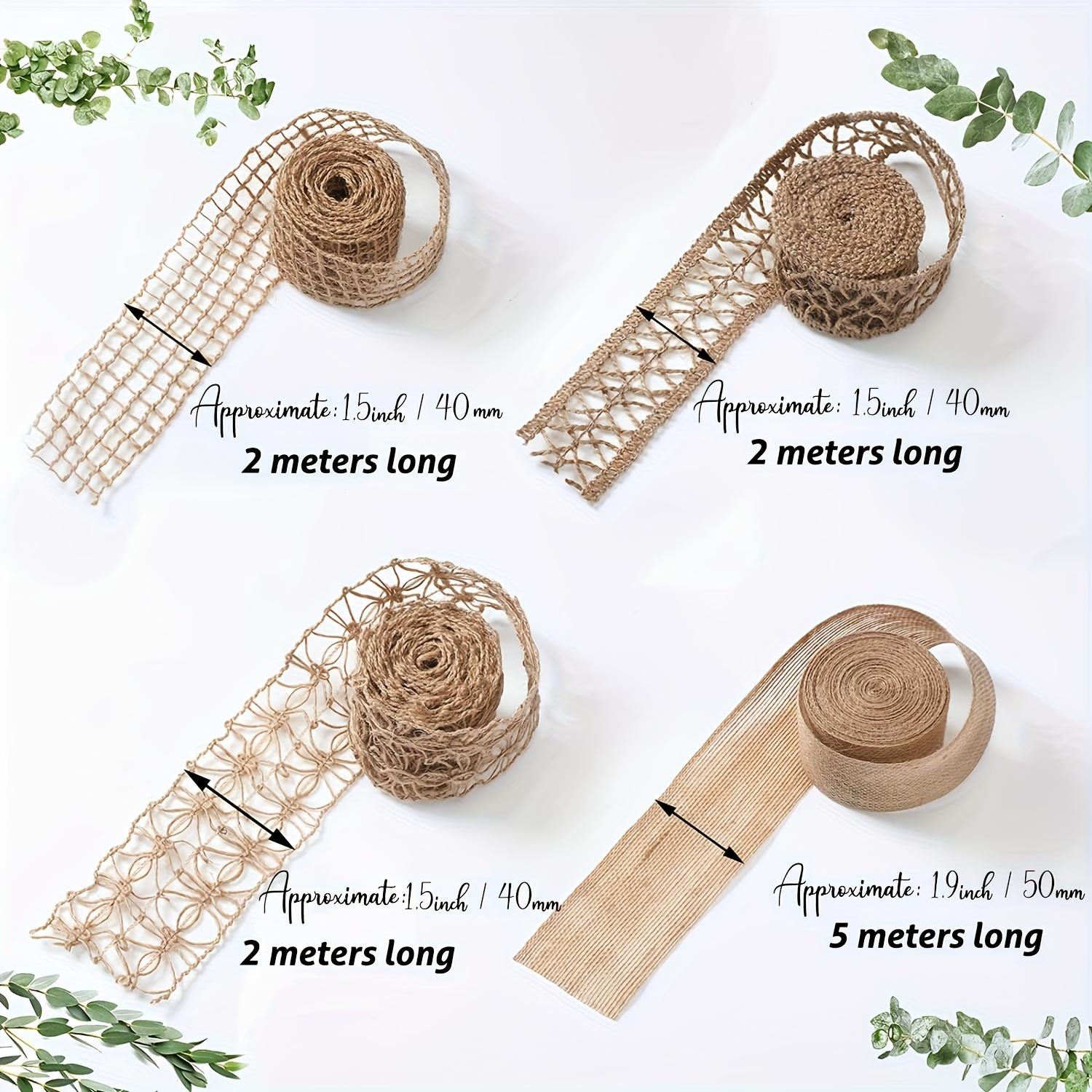 

4 Rolls of Natural Hemp Rope Lace Net - 5.0cm Width Decorative Woven Ribbon- Earthy Beige and White Textured Pattern 4 Piece Set жовтий