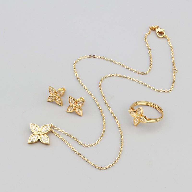 Boho Gold Plated Floral Jewelry Set With Zircon Crystals Lucky Clover Pendant Necklace Earrings Ring Women