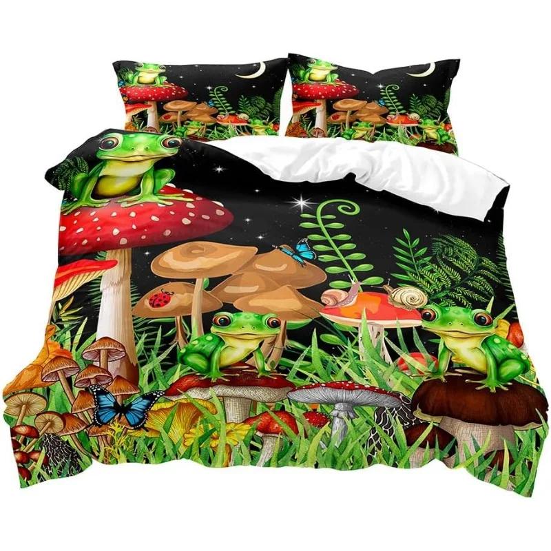 Aesthetic Boho Duvet Cover Full,3PCS  Bedding Set,Green Plant Botanical Fungus Beige Comforter Bedspread Quilt Cover