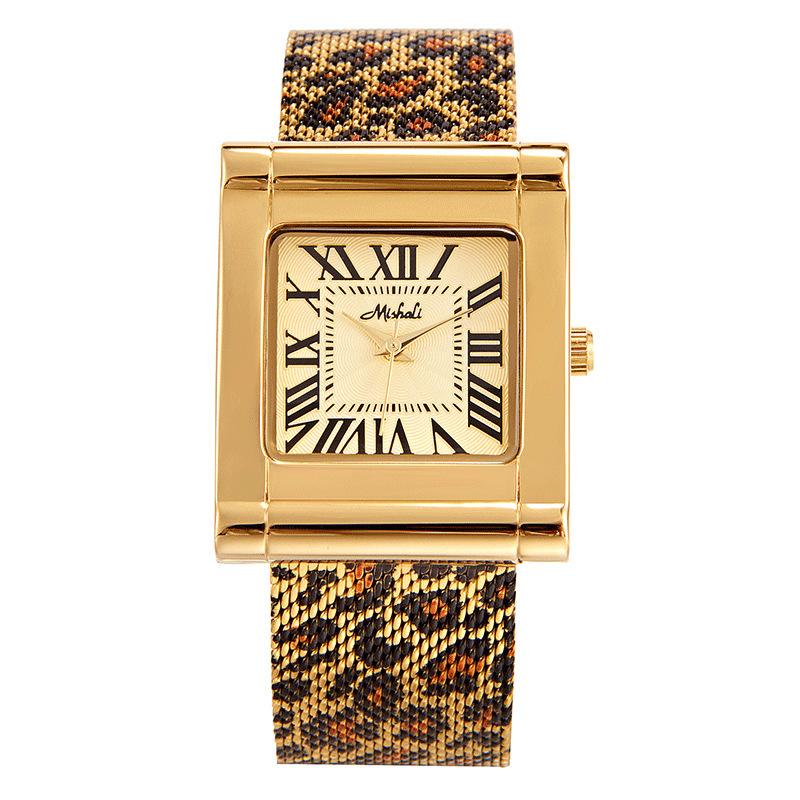 Trendy Fashion Steel Belt Leopard Print Mesh Belt Square Watch Women S Watch European Station Style Personality