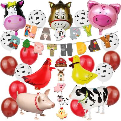 Ballons Décoratifs Thème Animaux de la Ferme Arrangements Fête d'Anniversaire pour Enfants Ensemble de Ballons Suspendus Drapeau Ranch