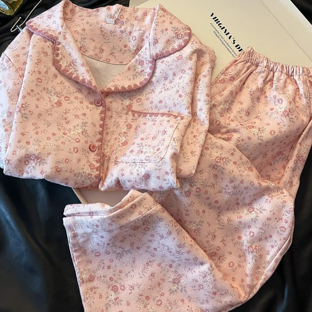 Französische florale kleine duftende Windmädchen Pyjama Frühling und Herbst Kragenrand Langarm Hose Set Studenten Loungewear