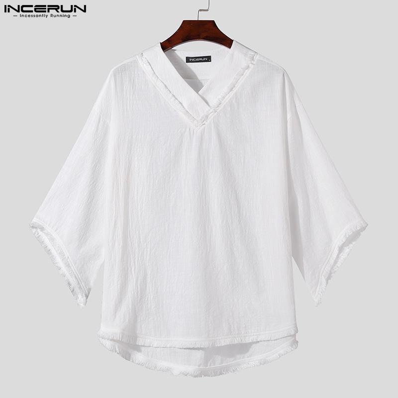 INCERUN Vintage męskie koszule z dekoltem w kształcie litery V, rękawami w kształcie skrzydła nietoperza, ponadgabarytowymi, nieregularnymi, workowatymi bluzkami