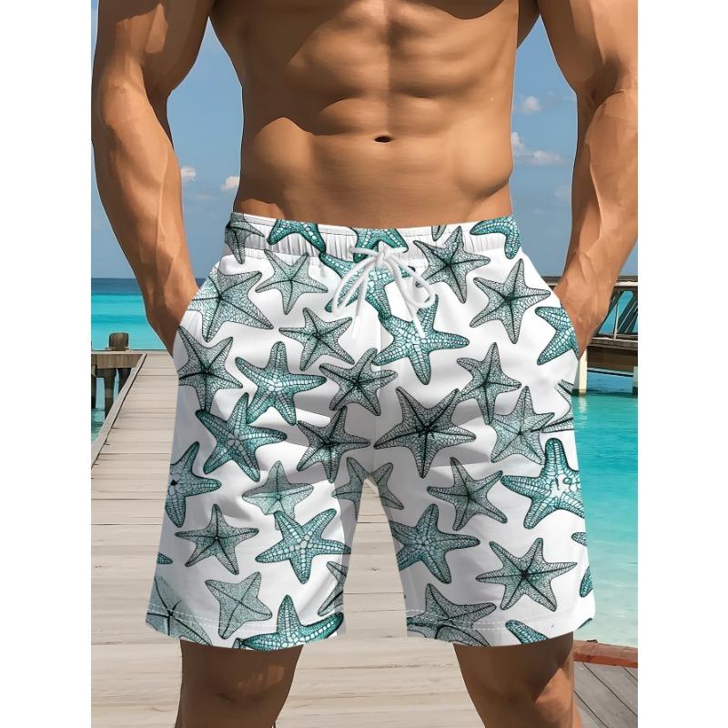 white background and contrasting color cyan and blue gradient starfish print men s beach shorts M
