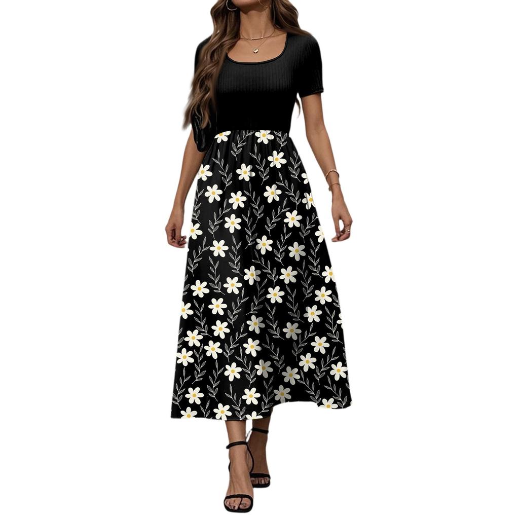 Women's Fashion Casual Short Sleeve Round Neck Splicing Floral Print Elegant Temperament Dress