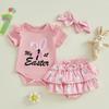 Baby Girl Easter Outfits Letter Embroidery Crew Neck Short Sleeve Romper Ruffles Shorts Headband 3Pcs Clothes Set