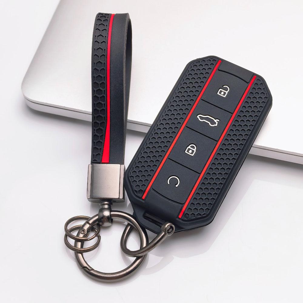 4 Button Silicone Key Fob Cover with Matching Keychain for Chery Jaecoo 7 8 J7 J8 Lock Unlock Trunk Remote Start Buttons, Full Wrap Key Guard for
