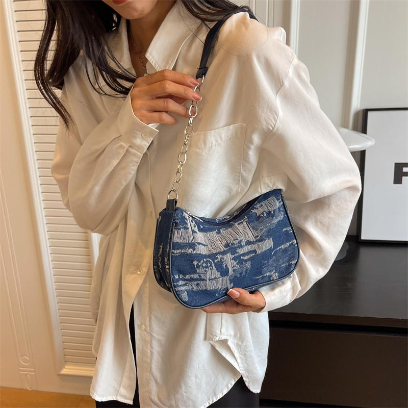 Retro Design Women's Chain Shoulder Bag Soft Denim Female Underarm Bag Handbags Fashi Ladies Small Square Tote Purse Bags