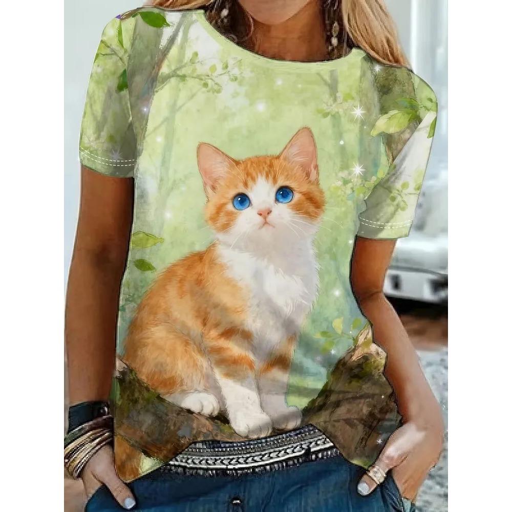 Sommer Damen 3D-Druck Rundhals T-Shirt Mode Vielseitig Atmungsaktiv Trend Lässig