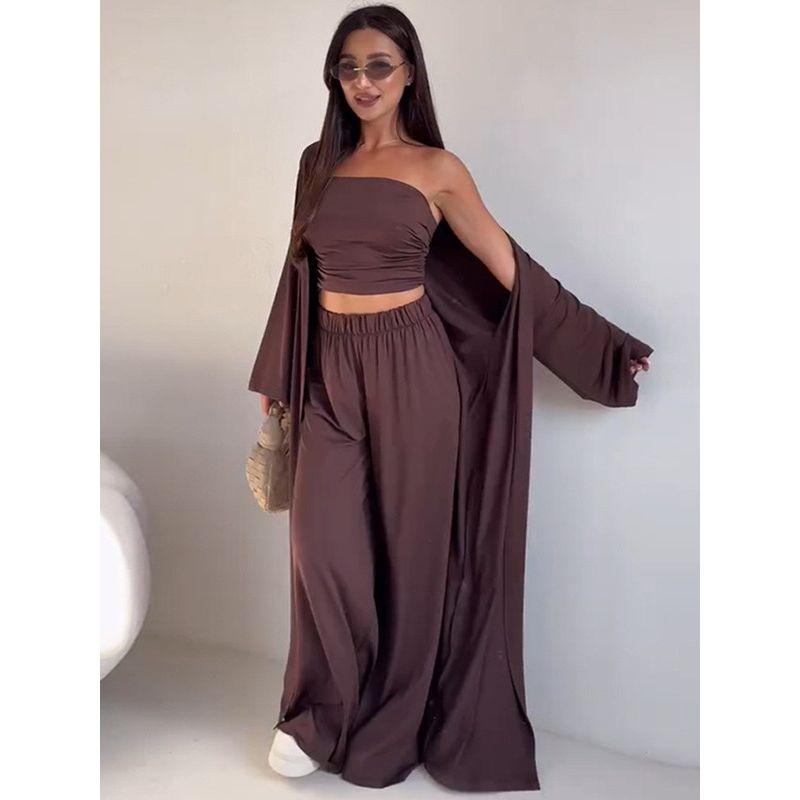 European and American Women clothes 2025 Summer New Casual Tube Top Vest Robe cardigan Wide Leg Pants Three-Piece Set