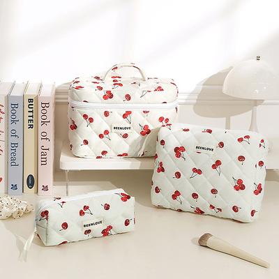 1Pc Cherry Printing Makeup Bag Quilted Makeup Bag Large Flower Makeup Bag Women'S Cotton Makeup Bag Flower Travel Wash Bag