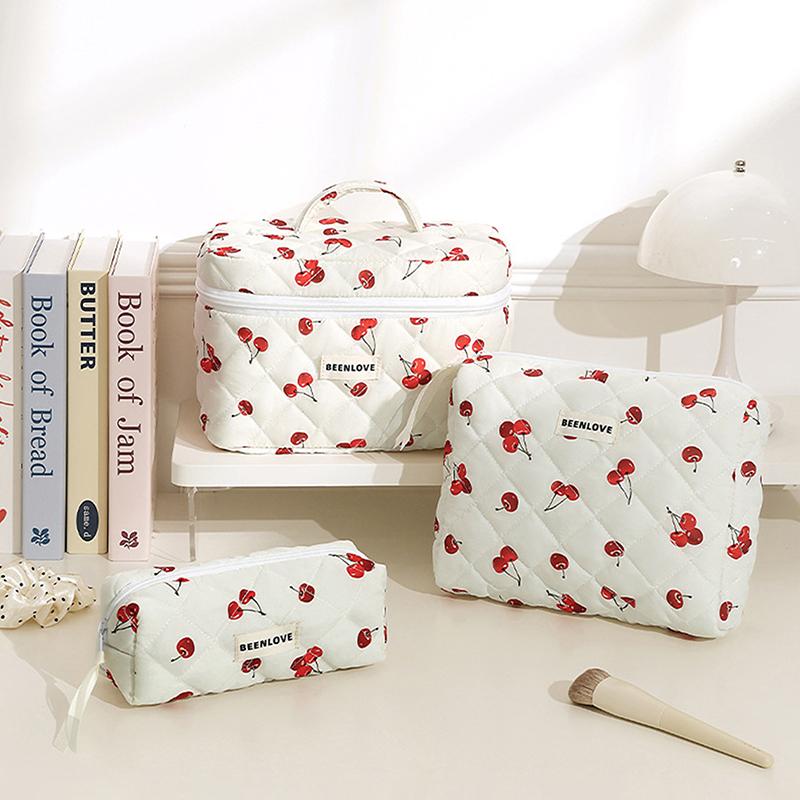 1Pc Cherry Printing Makeup Bag Quilted Makeup Bag Large Flower Makeup Bag Women'S Cotton Makeup Bag Flower Travel Wash Bag