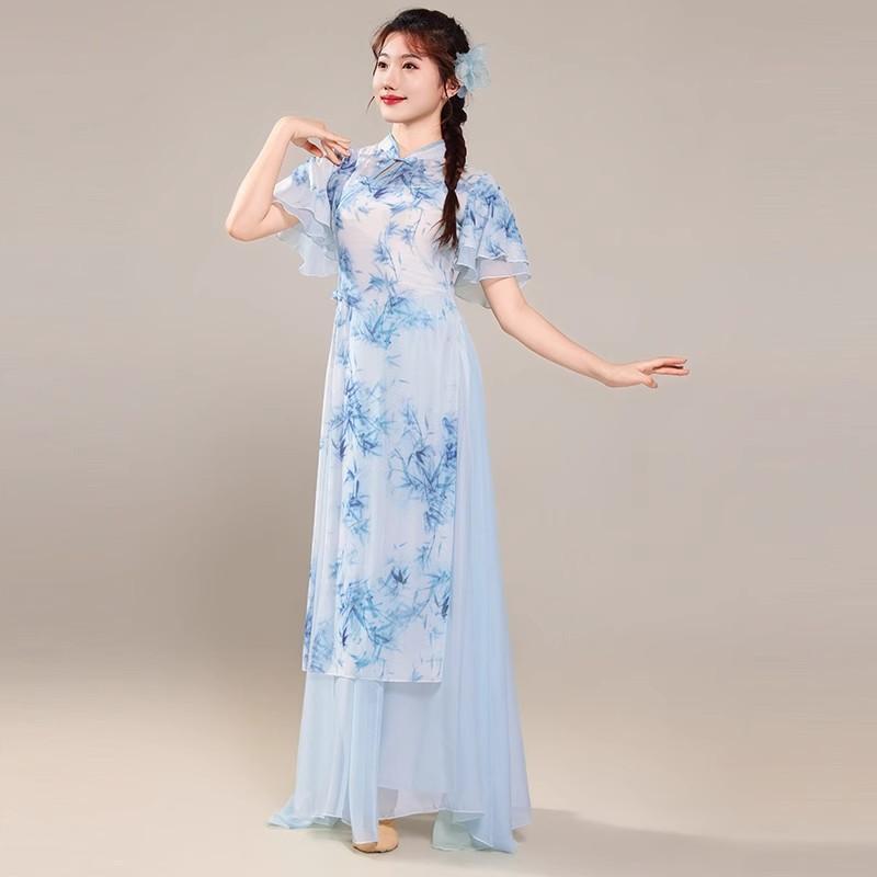 Women's Chinese Traditional Dance Dress, Bamboo Print Cheongsam Style Flowy Practice Costume For Tea Art & Folk Dance