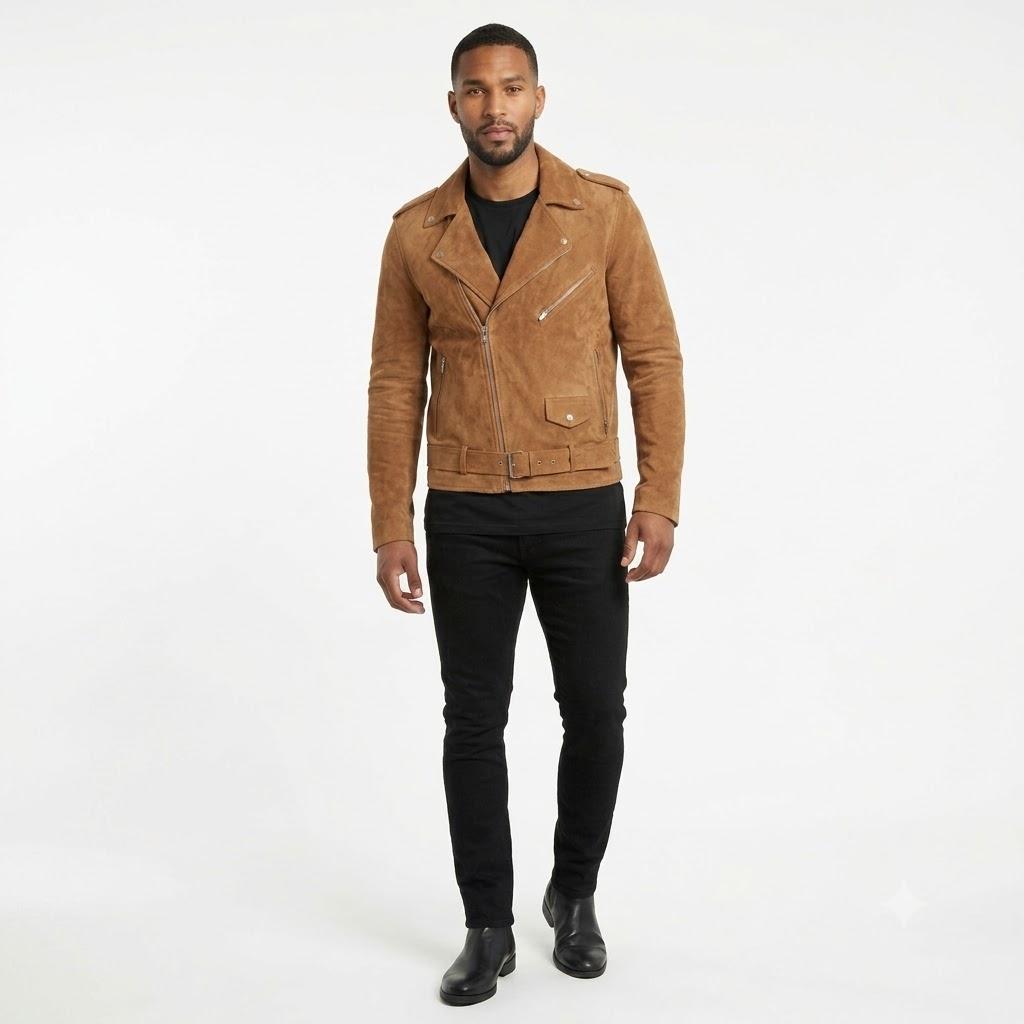 Men's Suede Genuine Pure Lambskin Leather Jacket Fit Stylish Tan Biker Handmade