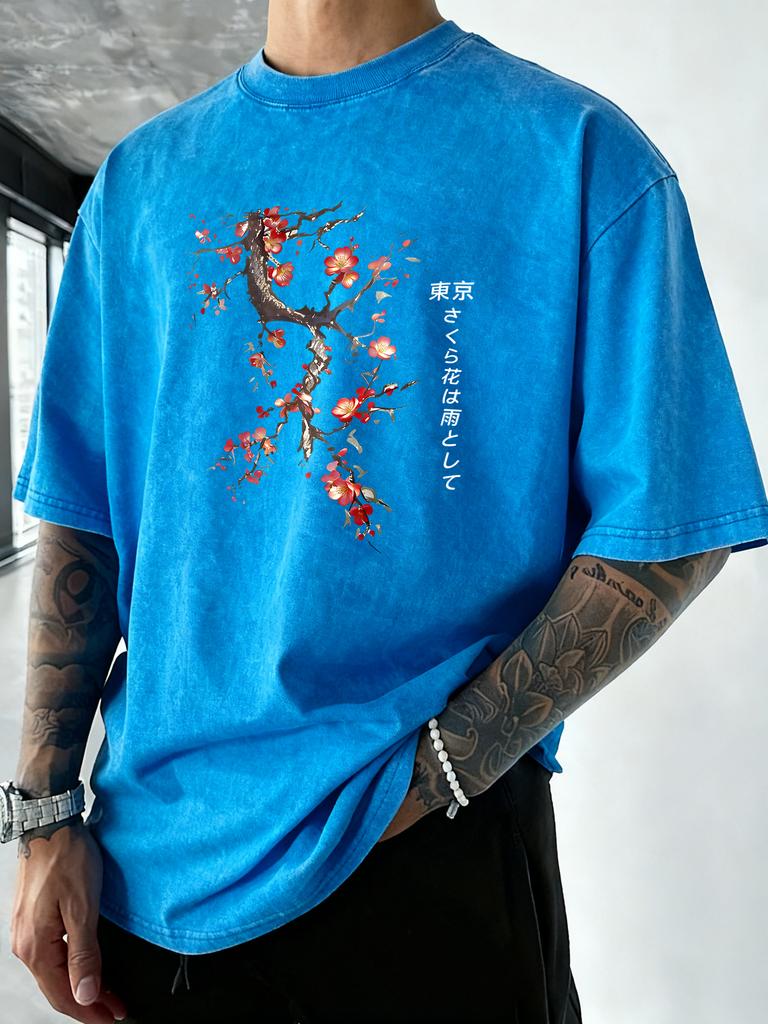 Harajuku Tokyo Stampa Fiori di Ciliegio T-shirt Lavate Uomo Traspirante Girocollo T-shirt Cotone Vacanza Manica Corta Casual Abbigliamento Sportivo