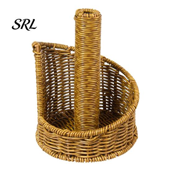 Upright Paper Roll Dispenser Imitation Rattan Toilet Holder, Round Woven Towel Dispenser, Brown Plastic Stand Boho Tissue Organizer for Bathroom