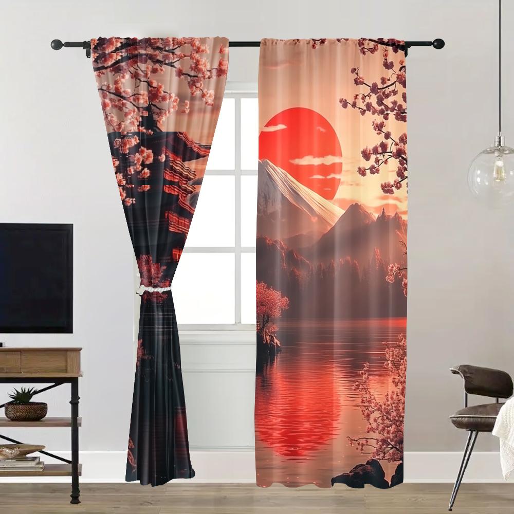 2pc    Window Treatment Curtains Elegant Japanese Landscape Versatile Polyester Fabric  Without Electricity Summer Party