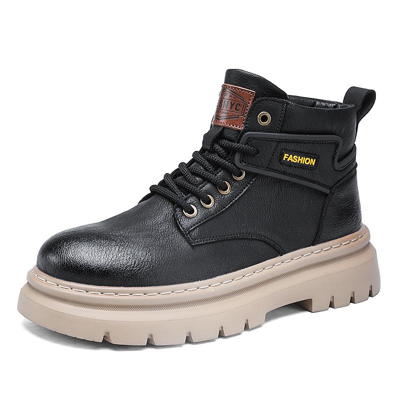 2024 Men's Black Leather High-Top Martin Boots: Retro, Thick-Sole Casual for Autumn/Winter