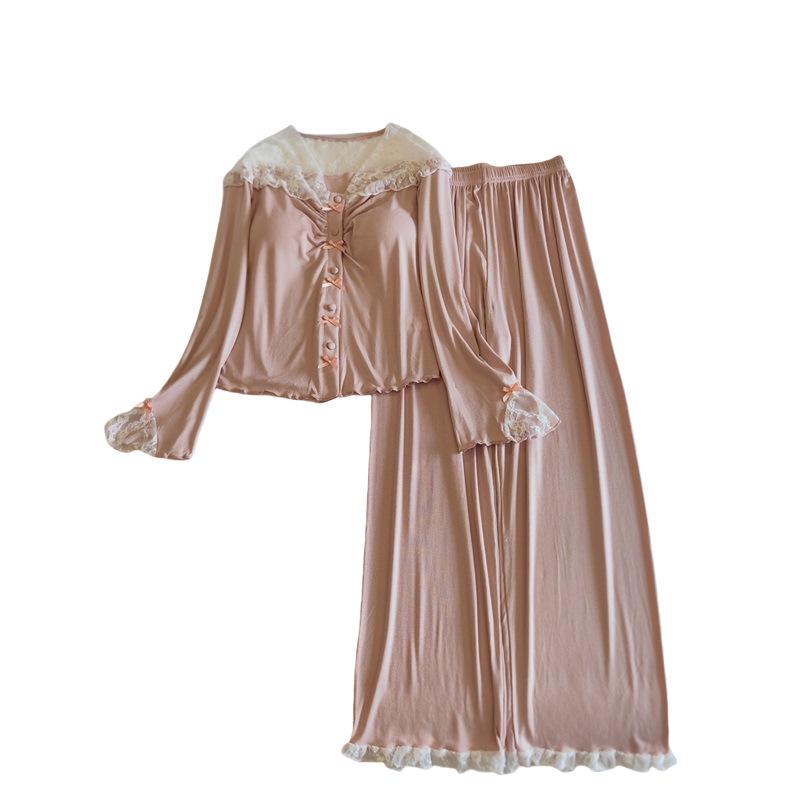 Damska piżama modalna z wkładkami na biust: Dwuczęściowy komplet do domu z długim rękawem i długimi spodniami na każdą porę roku