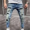 Men Jeans Ripped Whitewashed Multi Pockets Bottoms Skinny Washable Denim Pants Streetwear