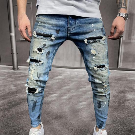 Men Jeans Ripped Whitewashed Multi Pockets Bottoms Skinny Washable Denim Pants Streetwear