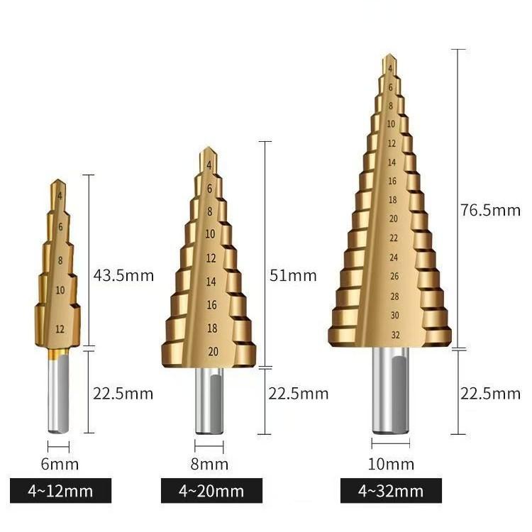 6Pcs HSS Step Drill Bit Set Multi Sizes Pagoda Drill for Wood Hole Drilling Slotting with Aluminum Storage Box