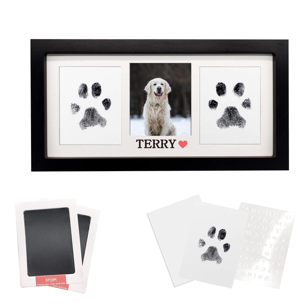 Lenyomatkeret és tintapárna készlet, Kutya- vagy macskalenyomat készlet, 2 tintapárna a háziállat számára, Lenyomatpárna kutyáknak, Fa háziállat emlékkeret, Személyre szabott háziállat 1ml