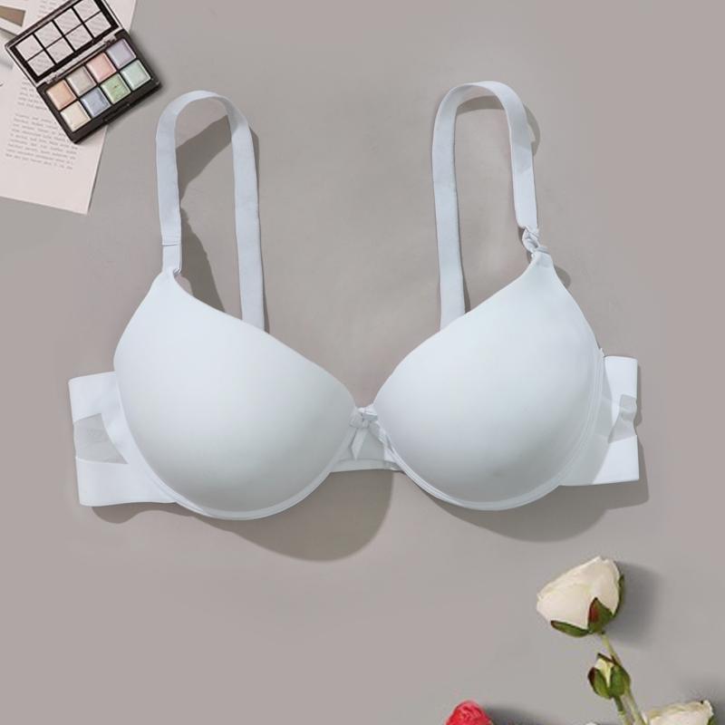 Women Small Bust-enhancing Gathered Bra with Seamless Clasp Mesh Breathable Straps Bow-knot Underwire Lingerie- 9874