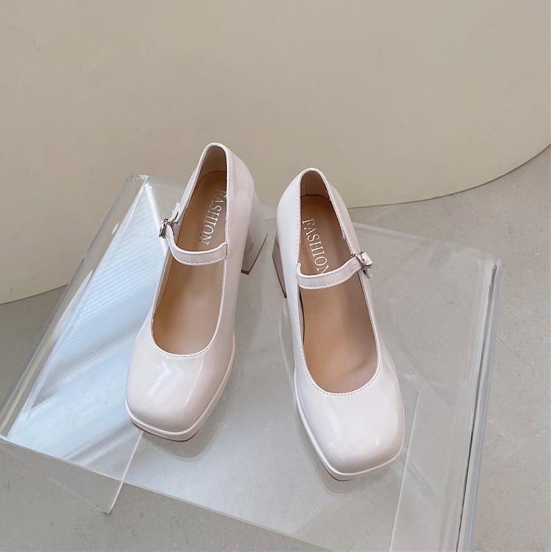 Fashion single shoes autumn new light buckle high heels thick heel square head Mary Jane shoes