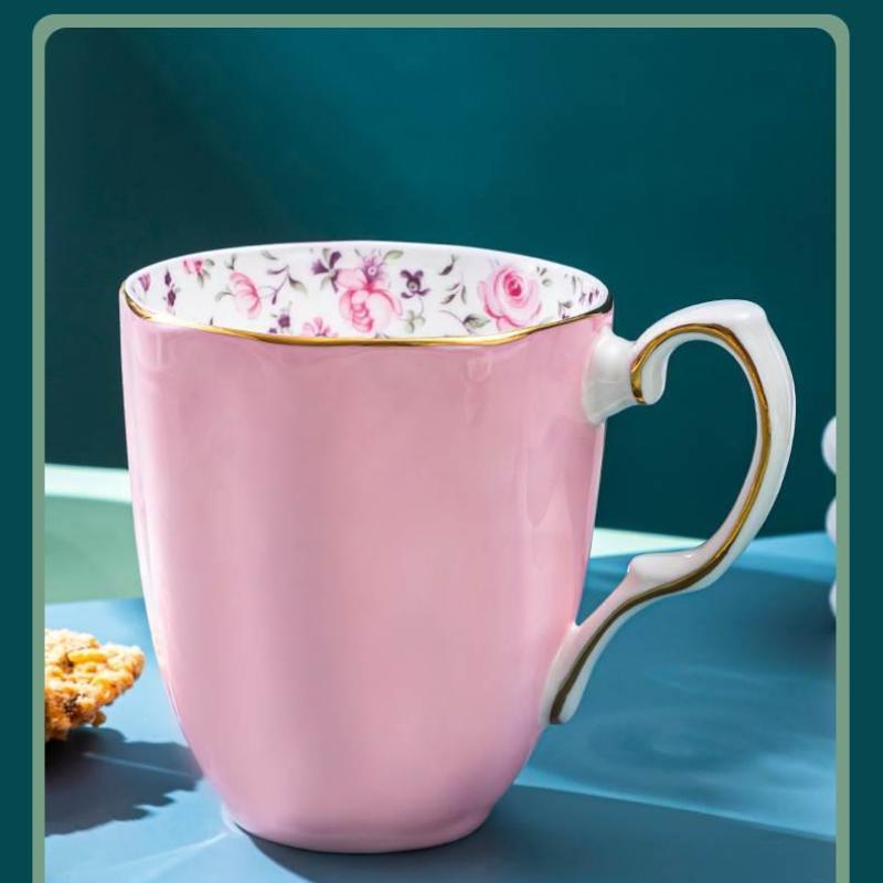 Kaffeetasse aus Keramik mit Blumenmuster, rosa und lila Blumen, handbemalt, Teetasse mit Griffen, mittlere Größe, Heißtrinktasse, 400 ml