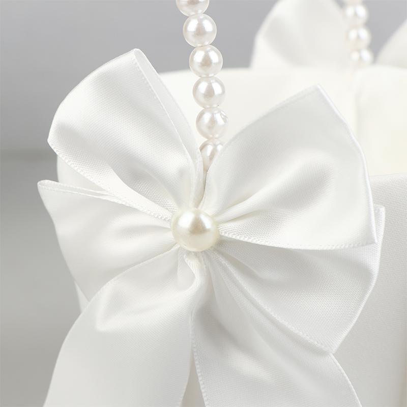 1Pc Pearl Handle Flower Basket Bow Satin White Western Rustic Bowknot Wedding Flower Basket For Floral Petals