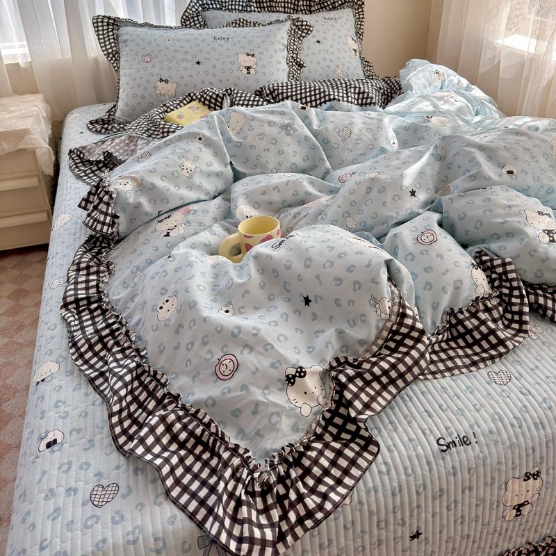Sleep Grid Bed Cover Style Korean Cotton French Lace Four Piece Set