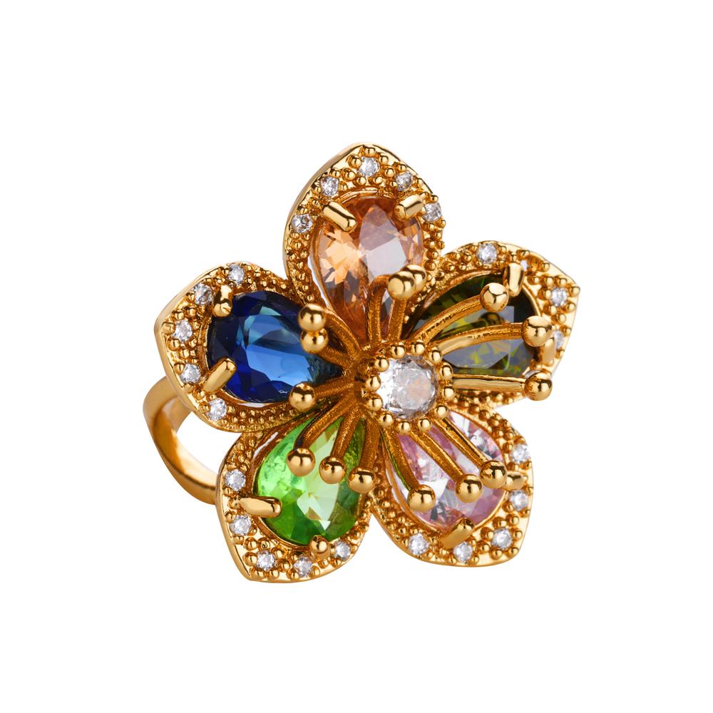 Grüne Zirkonblumenringe für Damen Goldfarbe Edelstahl Blume Floraler Ring Eleganter Luxus Hochzeit Ästhetischer Schmuck Geschenk