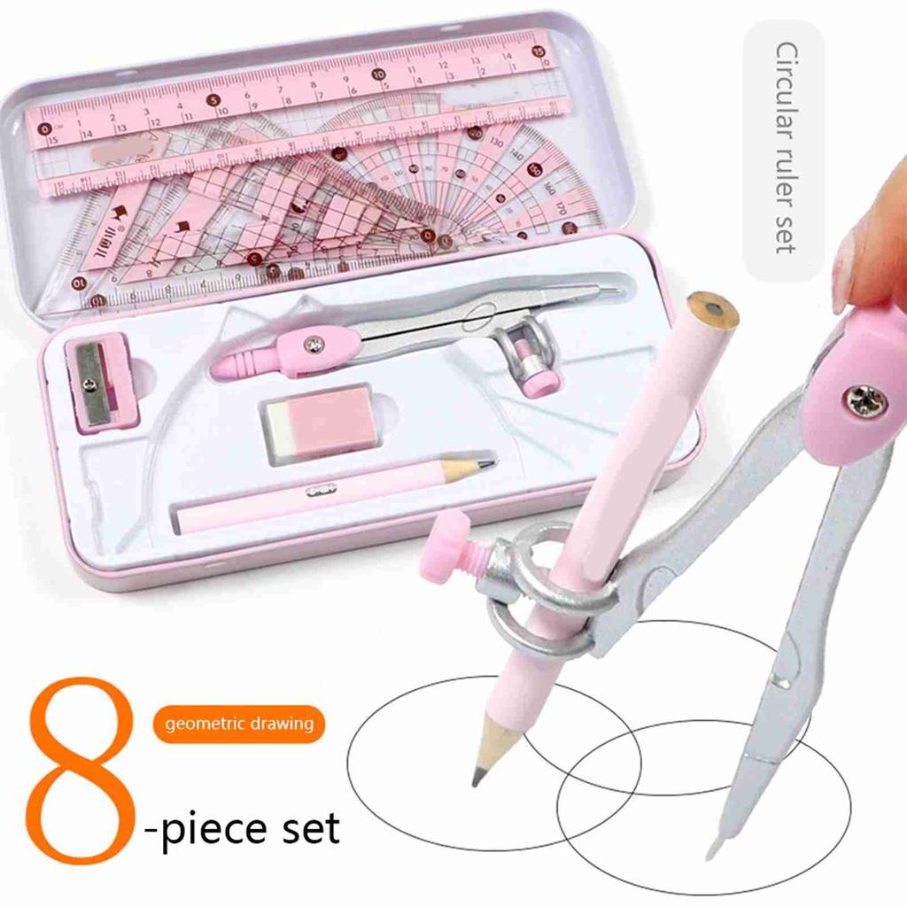 8 Stück Mathe Geometrie Set Schülerbedarf Enthält Lineale, Winkelmesser, Zirkel, Bleistift, Radiergummi Technische Zeichnungen