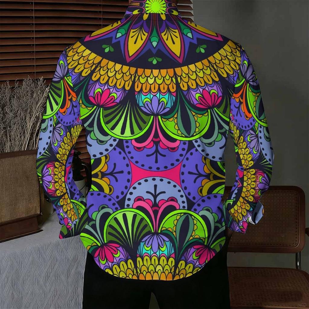 Men Collared Shirt Dark Blue Light Leaf Floral Silhouette Print Long Sleeve Button Down Top