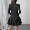 Autumn Winter Casual Slim Black Elasticity Puffy Dresses Simple Elegant A-line Turtleneck Long-sleeve Solid Mini Dress Female